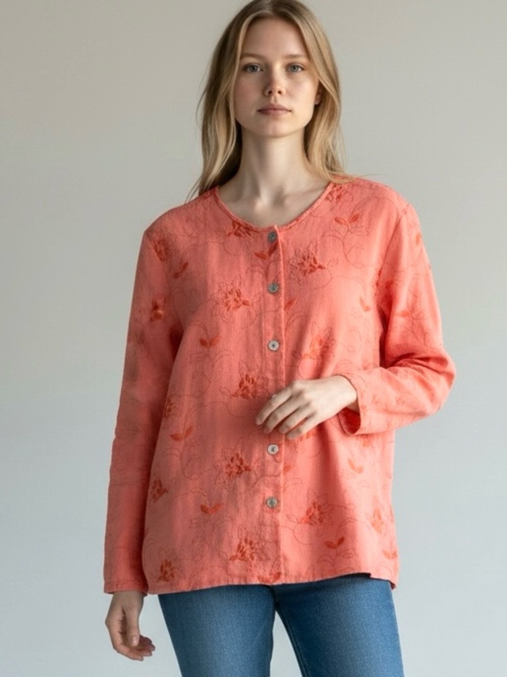 Russ Berens Linen Coral Embroidered Top Sz M Layer Coastal Boho Pink Tonal